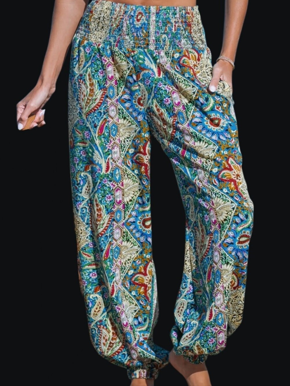 Paisley Smocked Waist Tapered Leg Pants